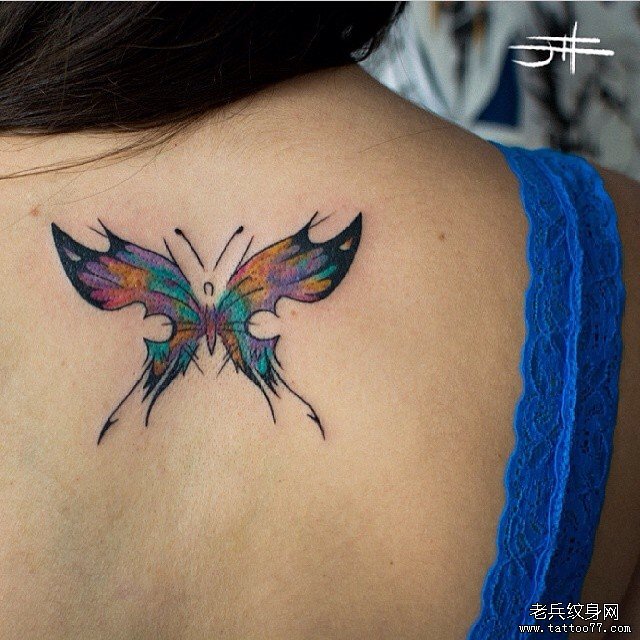 背部彩色蝴蝶纹身图案