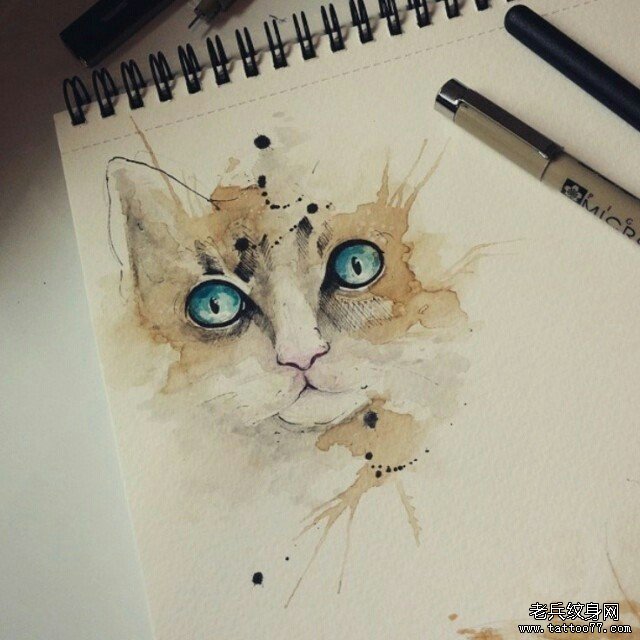 欧美泼墨彩色猫纹身图案手稿