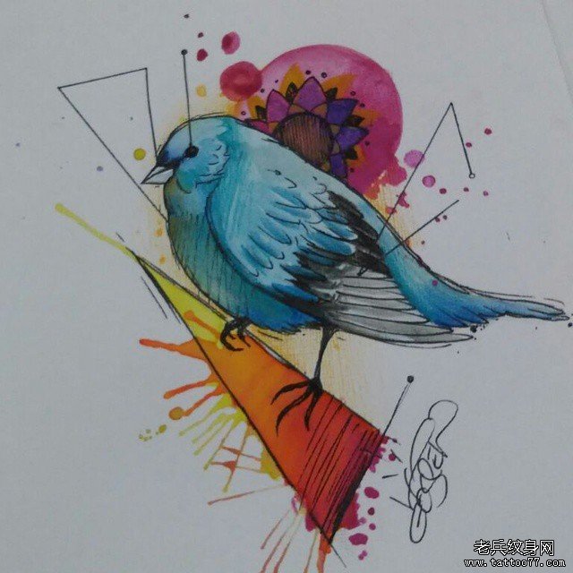 欧美彩色小清新鸟泼墨纹身图案手稿