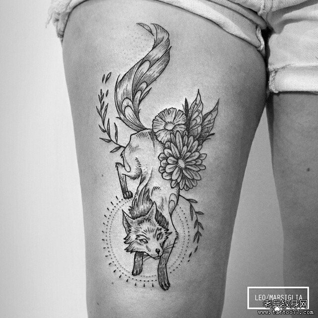 大腿欧美线条狐狸纹身图案