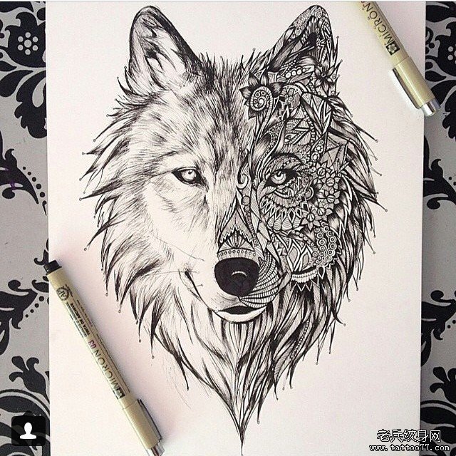 欧美狼头花卉组合欧美黑灰纹身图案手稿