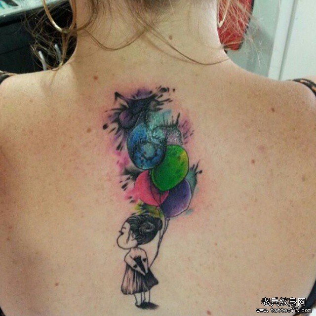 背部卡通气球女孩彩绘纹身图案