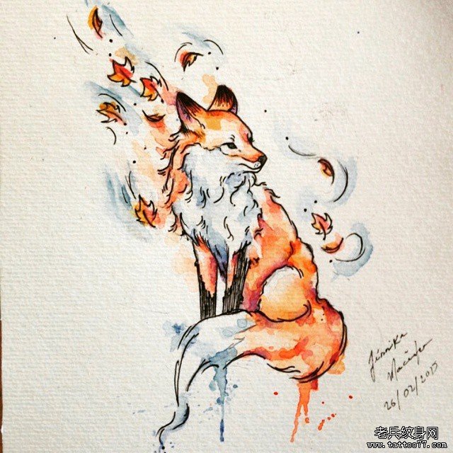 欧美泼墨彩色狐狸纹身图案手稿