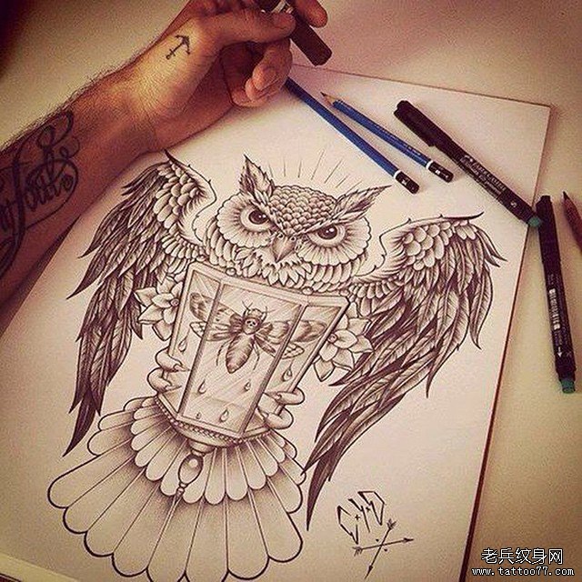 欧美黑灰猫头鹰纹身图案手稿