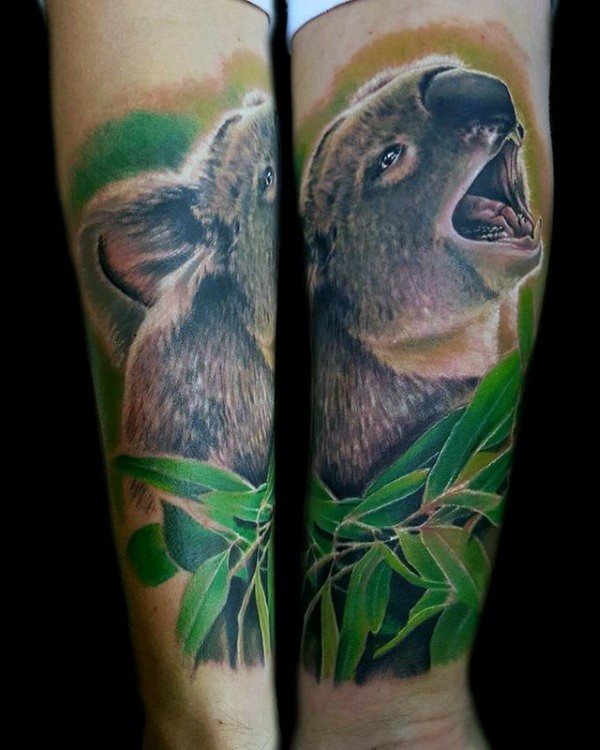 非常奇妙逼真的考拉熊与树叶手臂纹身图案