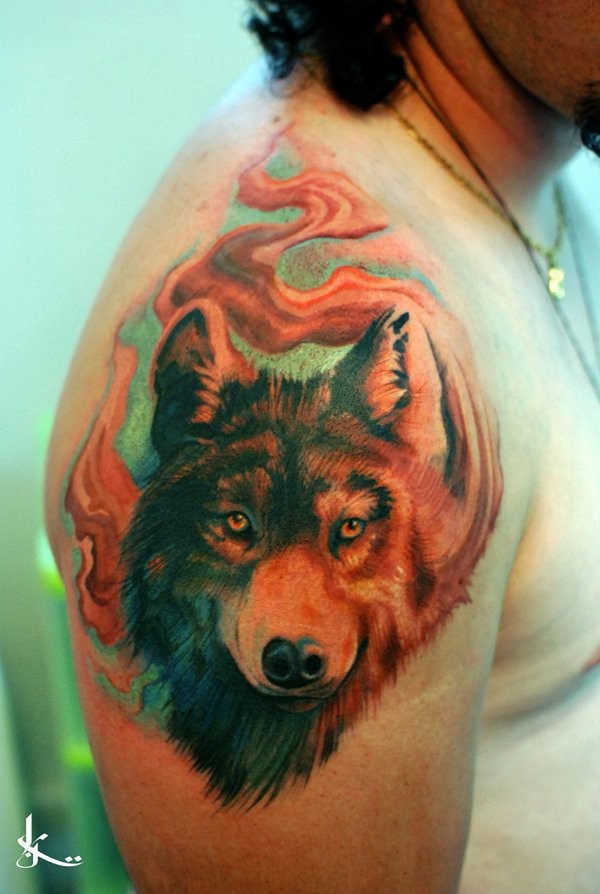 肩部3D手绘风格自然彩色的狼头纹身图案
