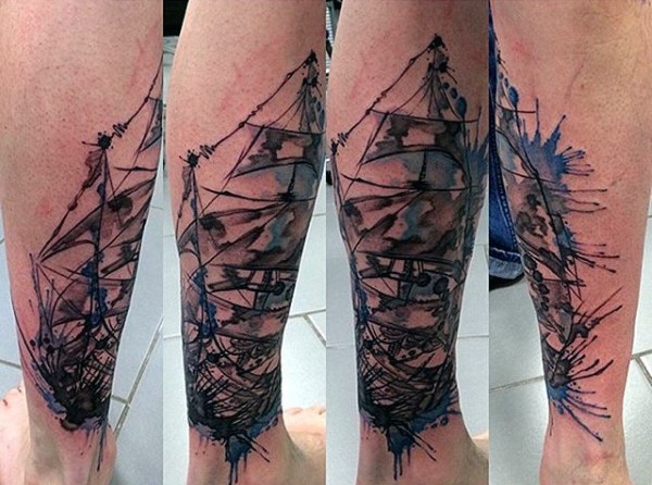 手臂抽象风格的彩色帆船纹身图案
