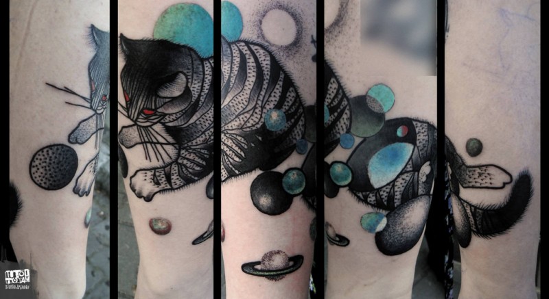 抽象风格彩色猫与行星纹身图案