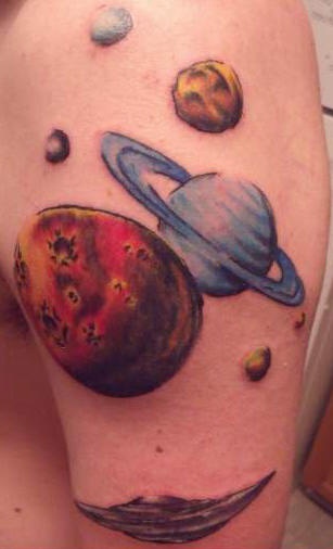 手臂太空行星和飞碟彩色纹身图案