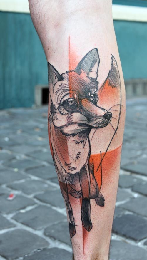 神奇的红色狐狸个性腿部纹身图案