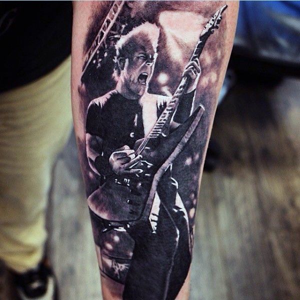 写实黑白著名的摇滚明星肖像手臂纹身图案