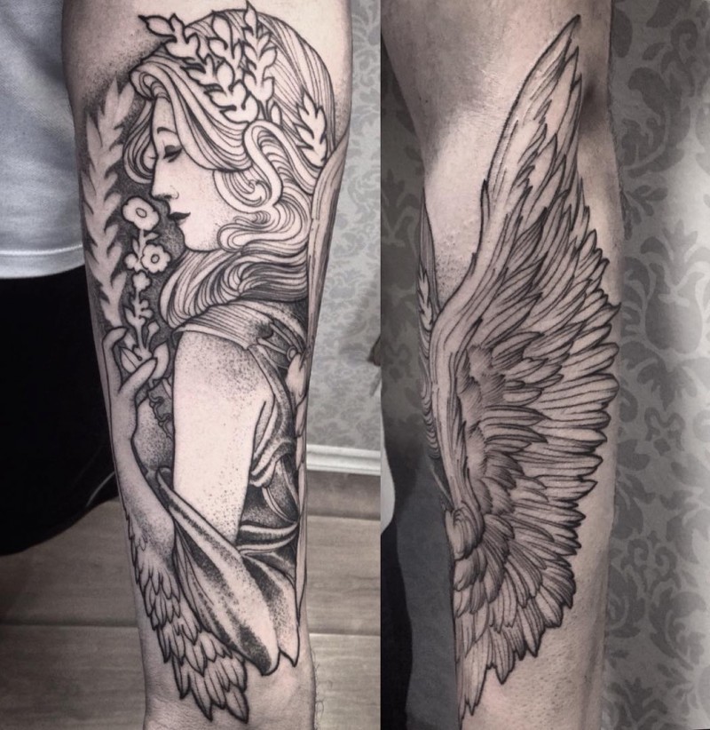 手臂黑色点刺天使女人和叶子纹身图案