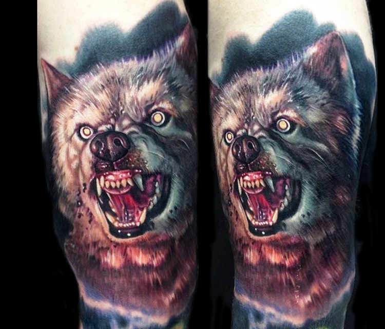 3D风格邪恶的狼头彩色纹身图案