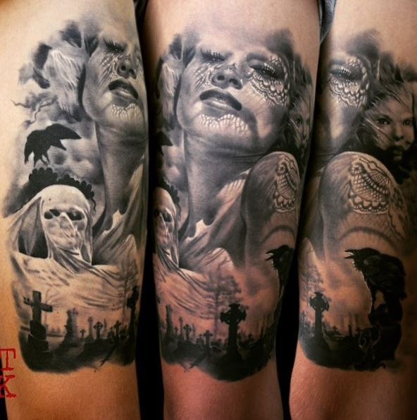 恐怖风格的女人面具和墓地怪物手臂纹身图案