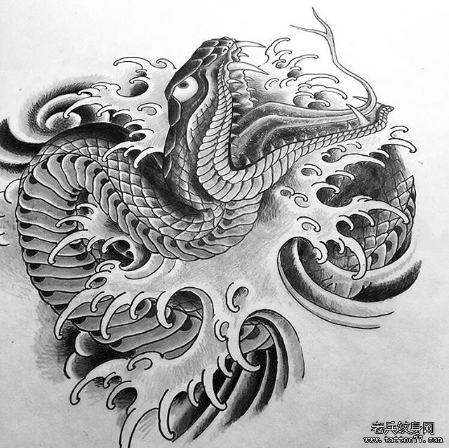 传统蛇浪花纹身图案手稿