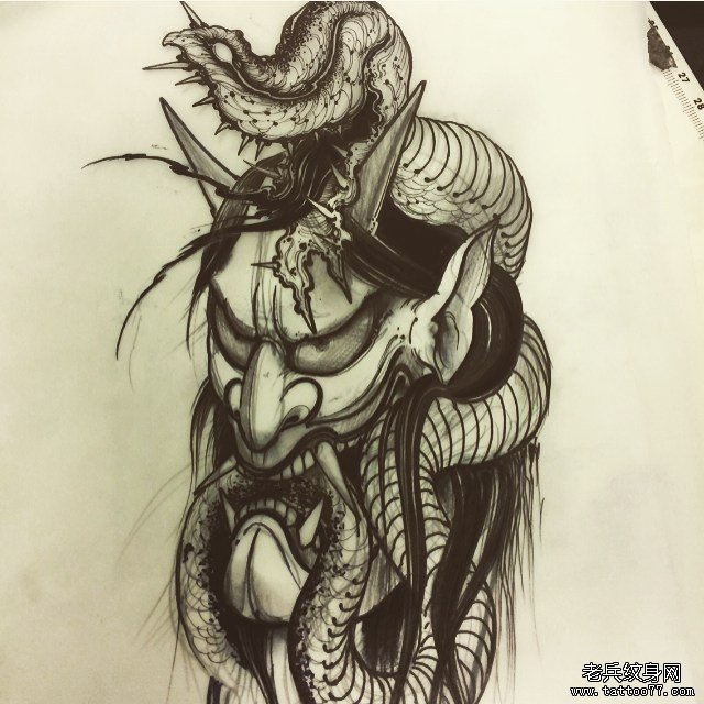 传统日式般若蛇纹身图案手稿