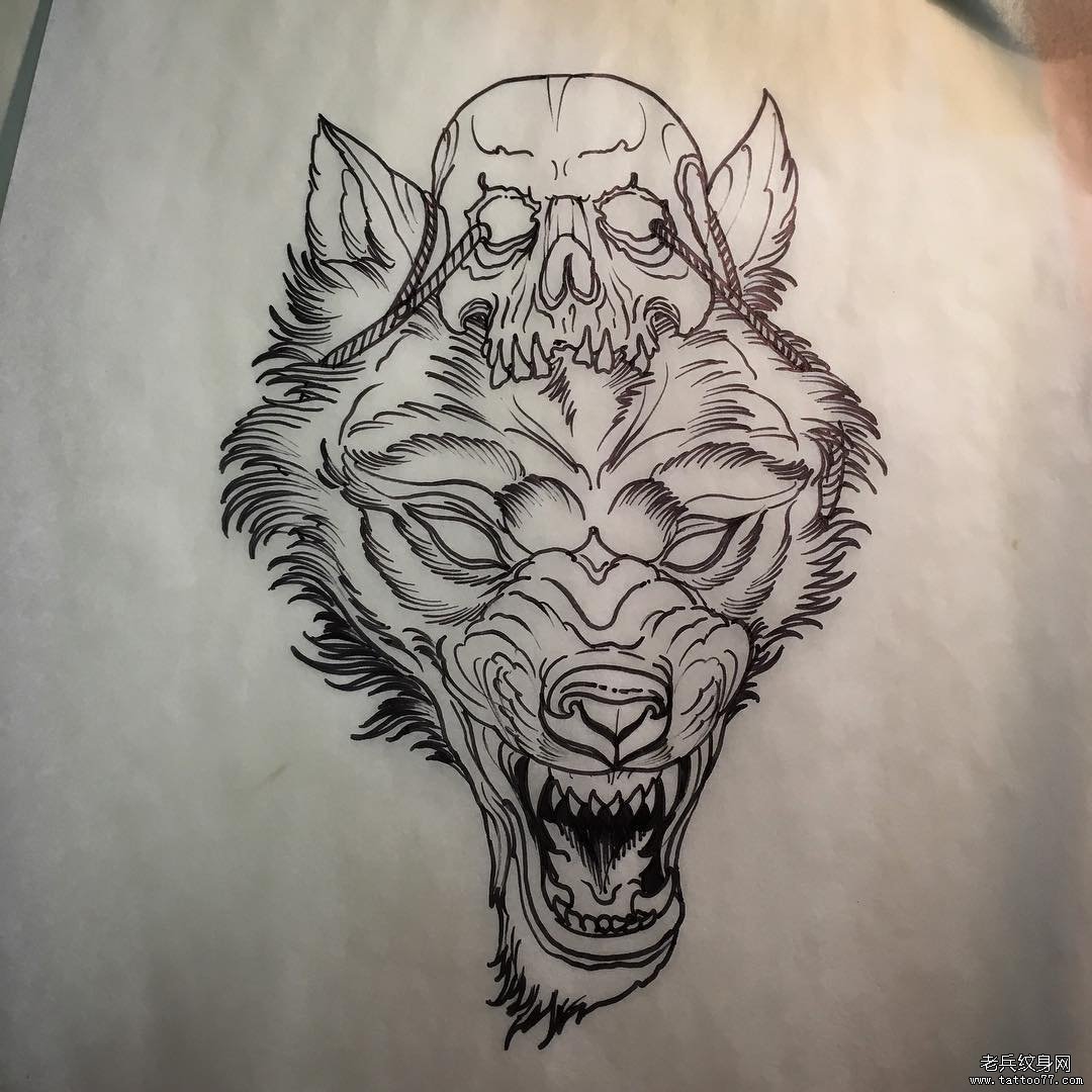欧美狼头骷髅纹身图案手稿