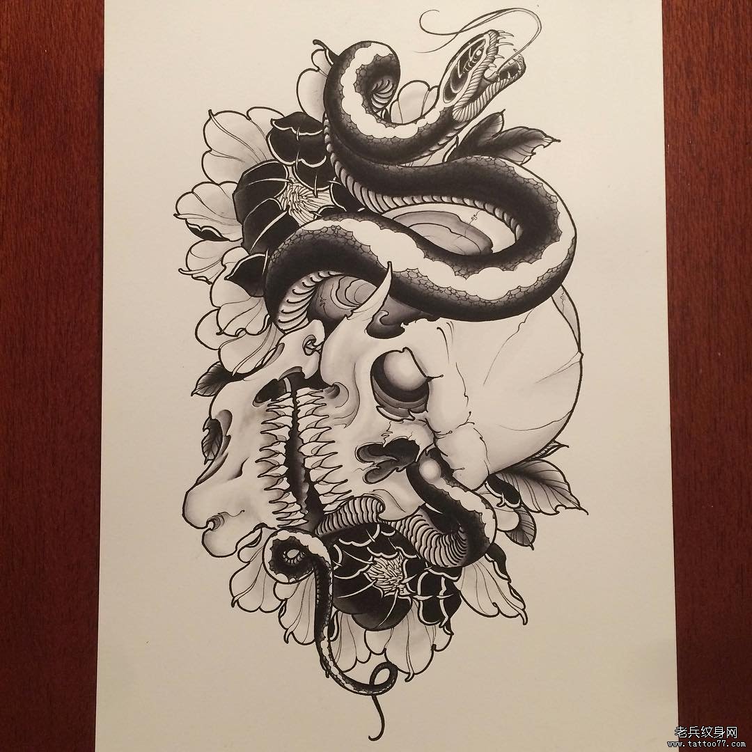 欧美暗黑系school蛇骷髅和菊花纹身图案手稿