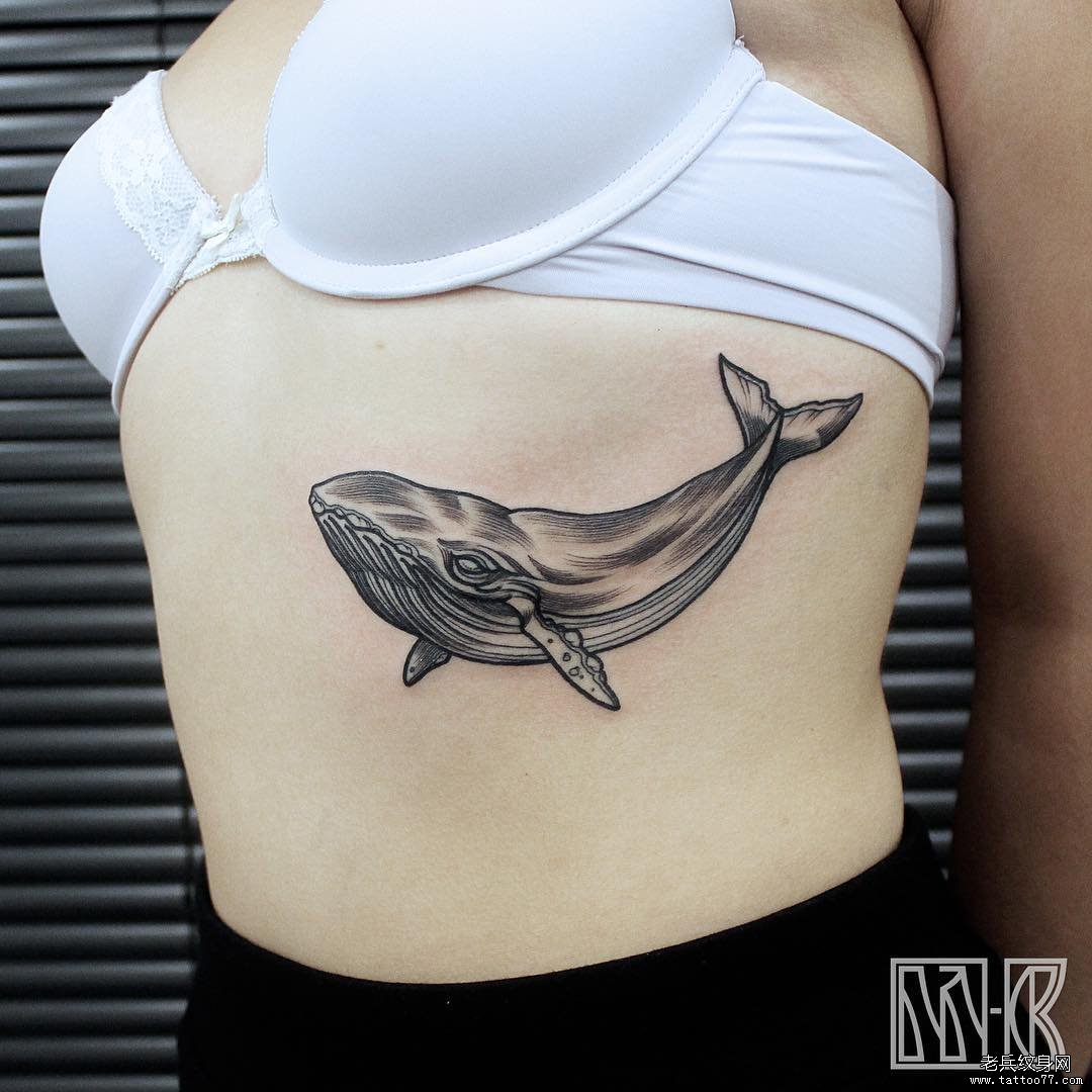 女生侧腹鲸鱼欧美线条纹身图案