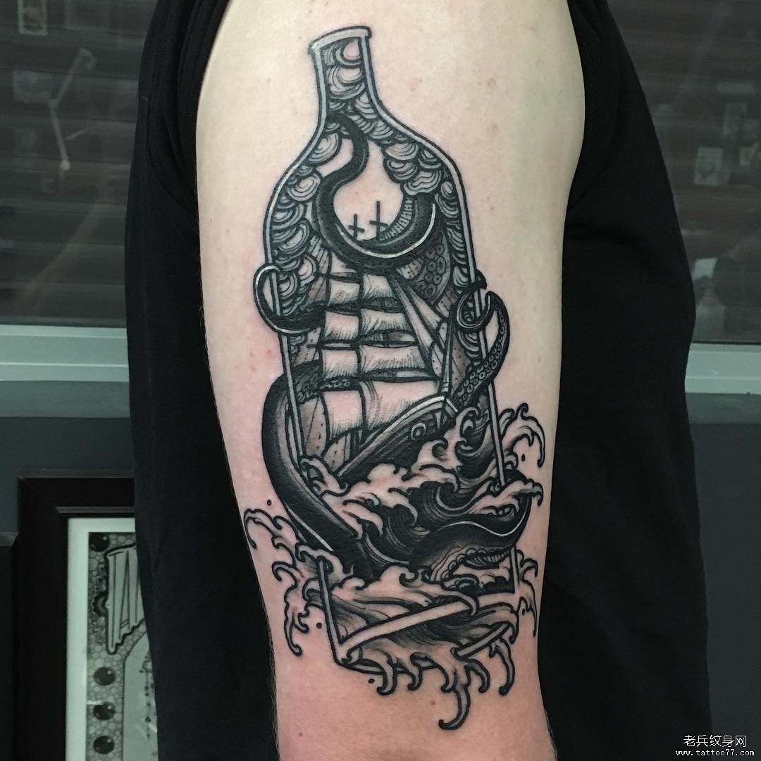 欧美school海浪帆船瓶子章鱼纹身图案