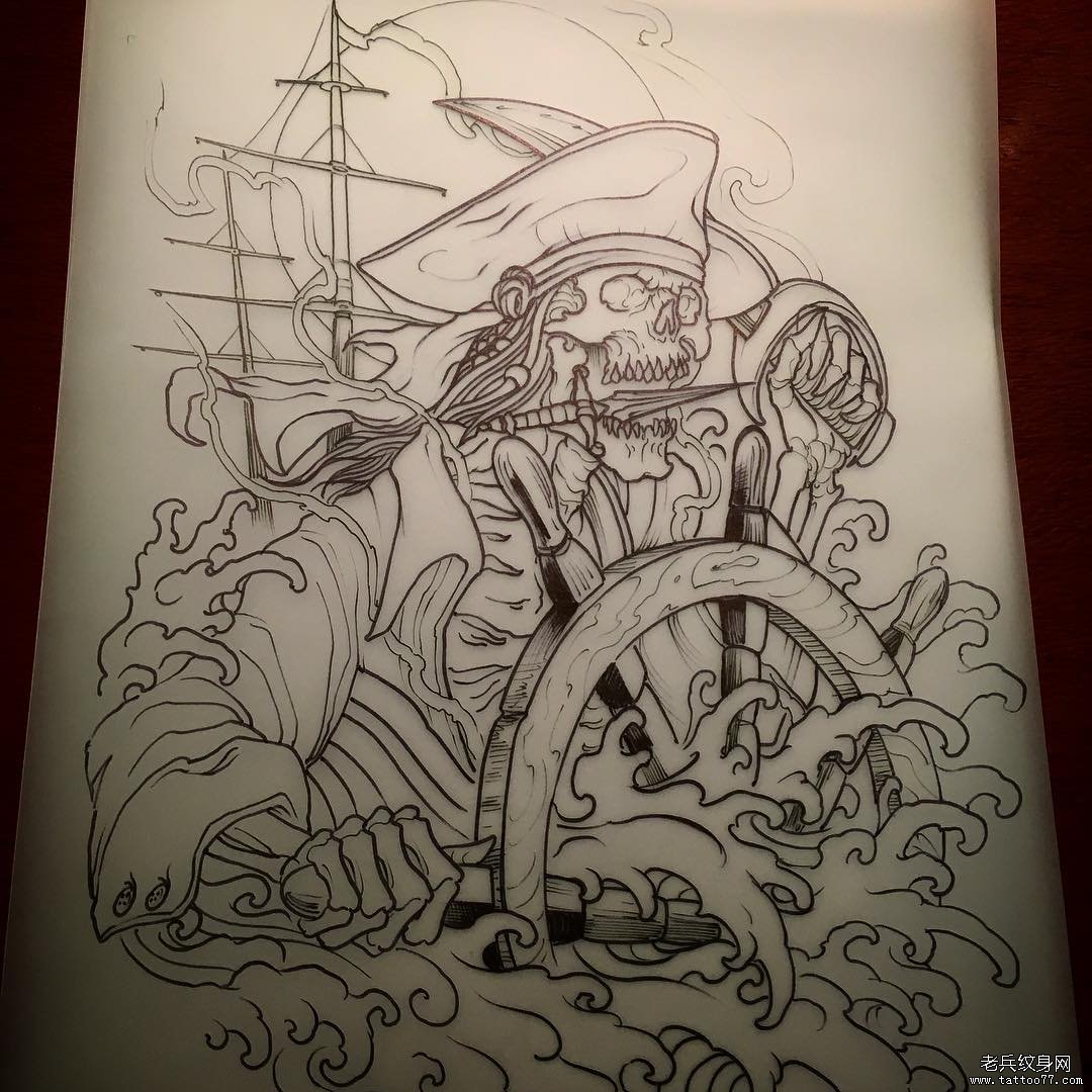 school欧美帆船骷髅船长匕首海浪纹身线条图案手稿
