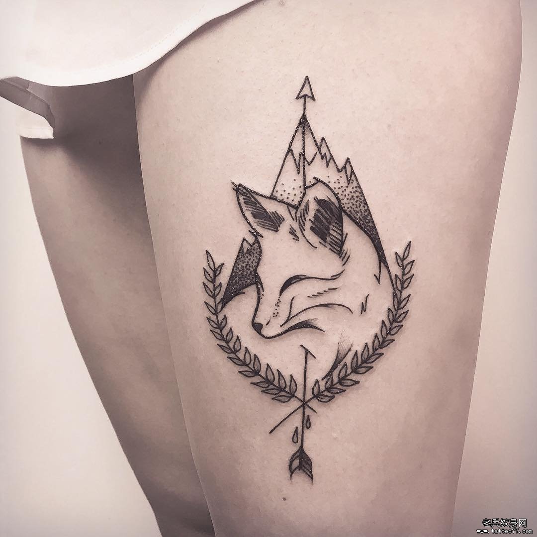 大腿狐狸几何植物箭点刺线条纹身图案