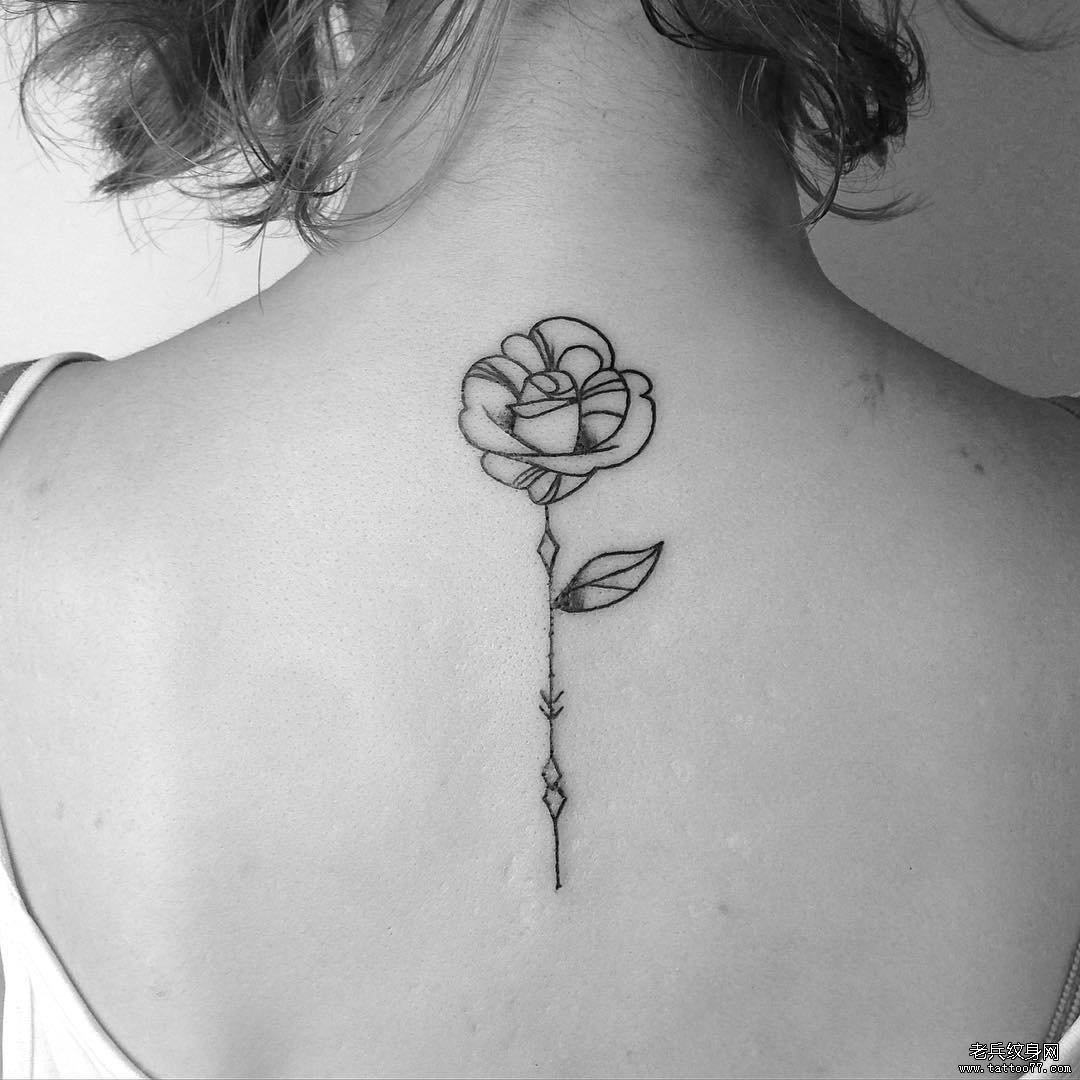 女生背部玫瑰线条小清新纹身图案