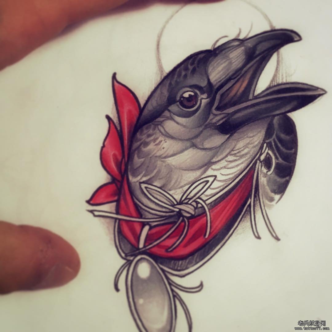欧美school彩色鸟钻石纹身图案手稿