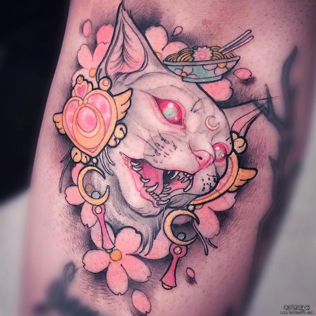 胳膊日式少女彩色猫樱花纹身图案