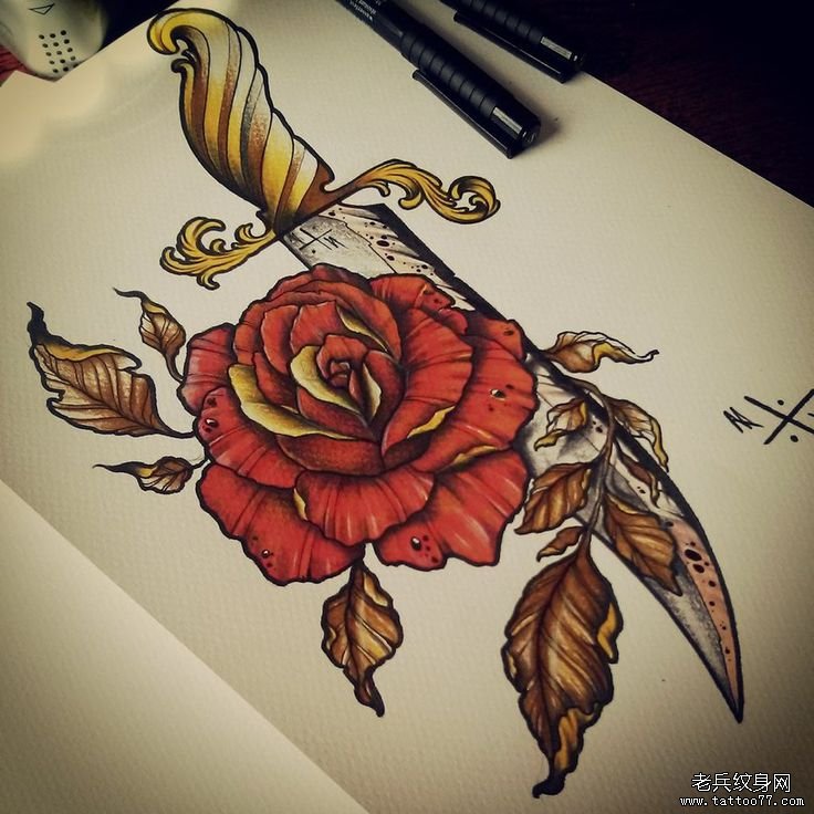 欧美风彩色玫瑰匕首纹身图案手稿