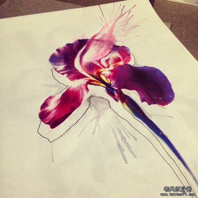 泼墨个性水彩花卉纹身图案手稿