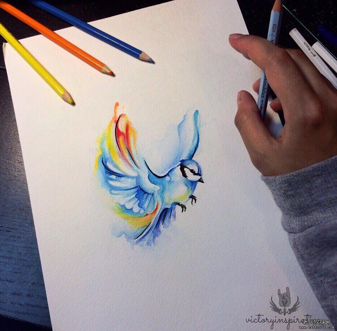 水彩泼墨飞翔的鸟纹身图案手稿