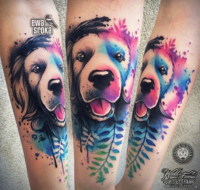 小臂狗植物泼墨水彩纹身图案