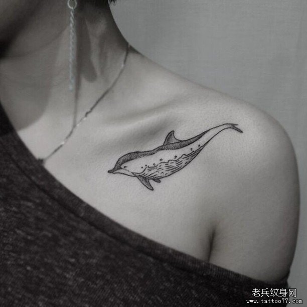 女性锁骨点刺海豚小清新纹身图案