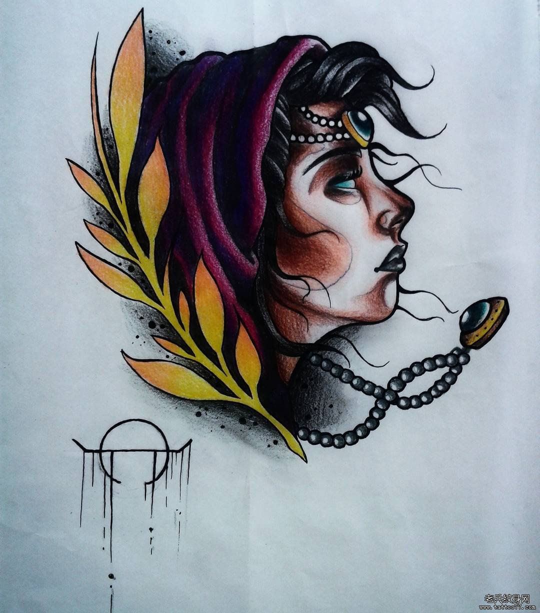 欧美女郎项链植物school纹身图案手稿