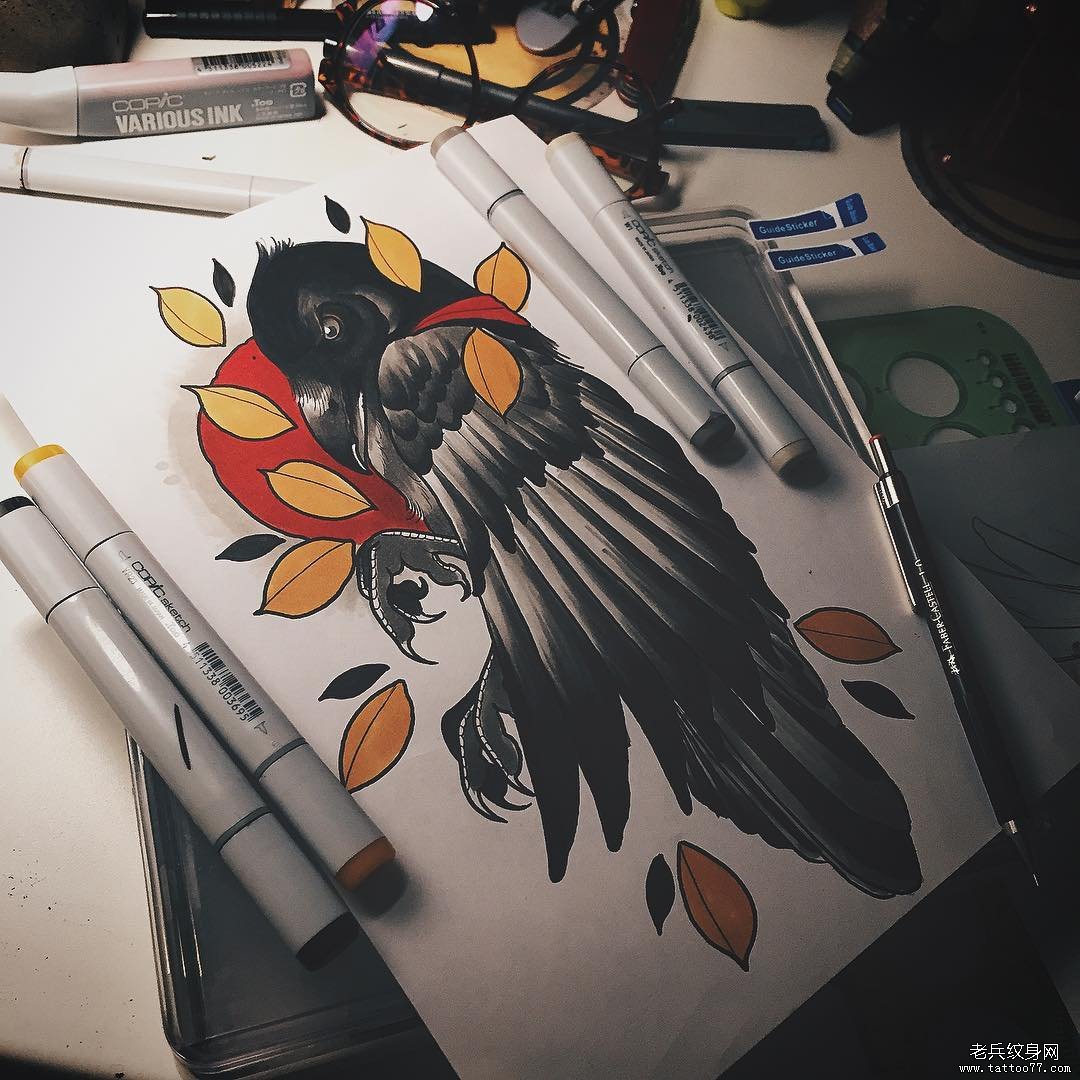欧美school乌鸦太阳树叶纹身图案手稿