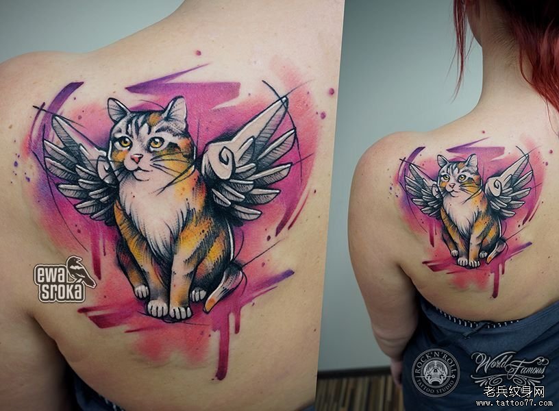 女生背部水彩泼墨猫翅膀纹身图案