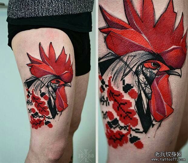 大腿欧美公鸡彩绘纹身图案
