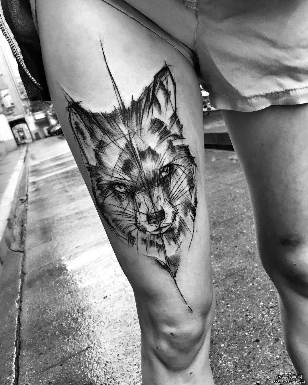 大腿钢笔画风格狐狸纹身图案