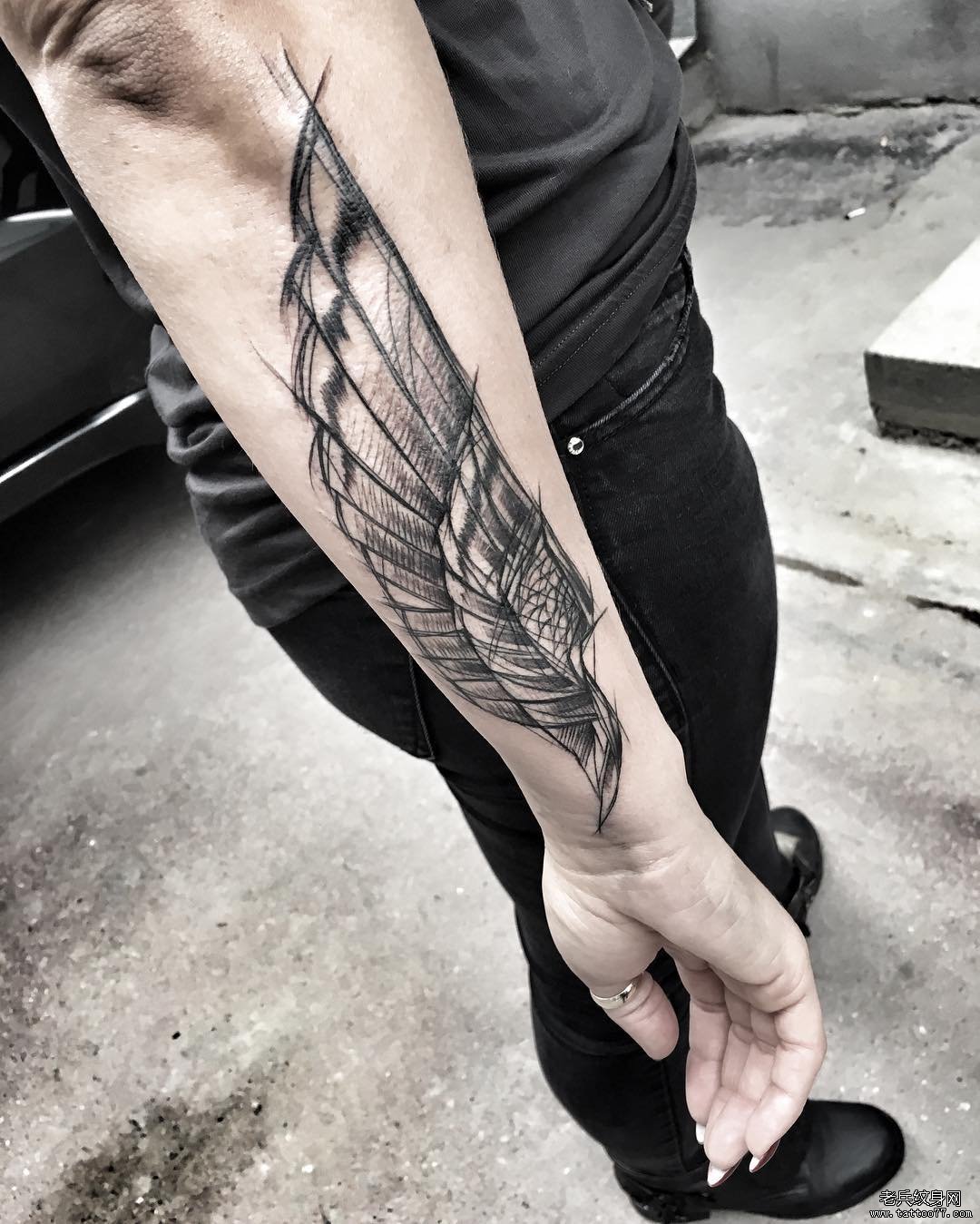 小臂钢笔画风格翅膀纹身图案