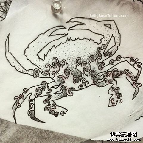 浪花点刺螃蟹纹身图案手稿