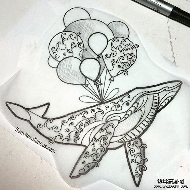 浪花鲸鱼气球个性纹身图案手稿