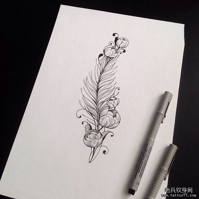 清秀漂亮的羽毛花卉纹身图案手稿