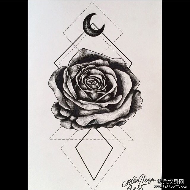 玫瑰几何月亮纹身图案手稿