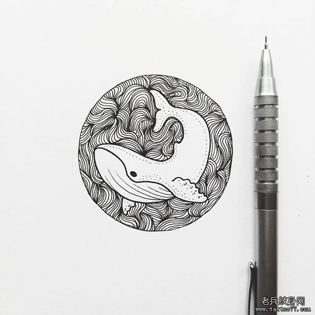 鲸鱼线条几何点刺纹身图案手稿