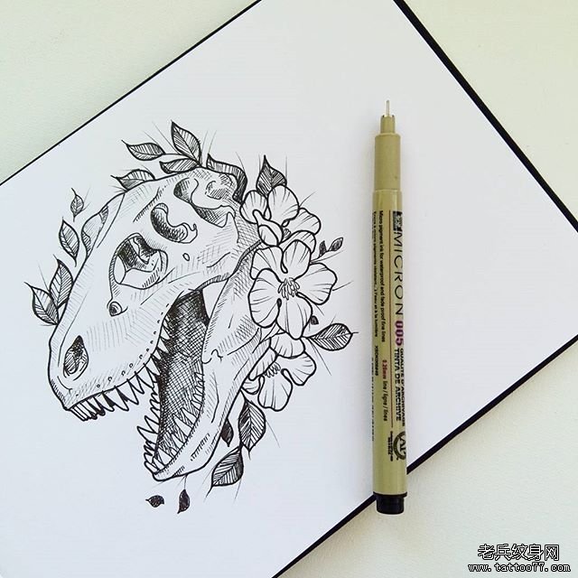 欧美恐龙花蕊点刺纹身图案手稿