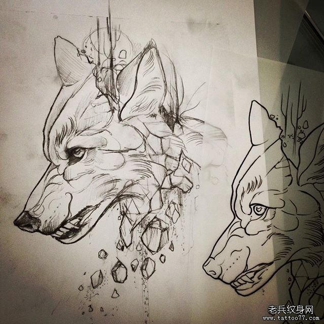 欧美狼头线条纹身图案手稿