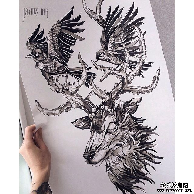 欧美school鸟麋鹿纹身图案手稿