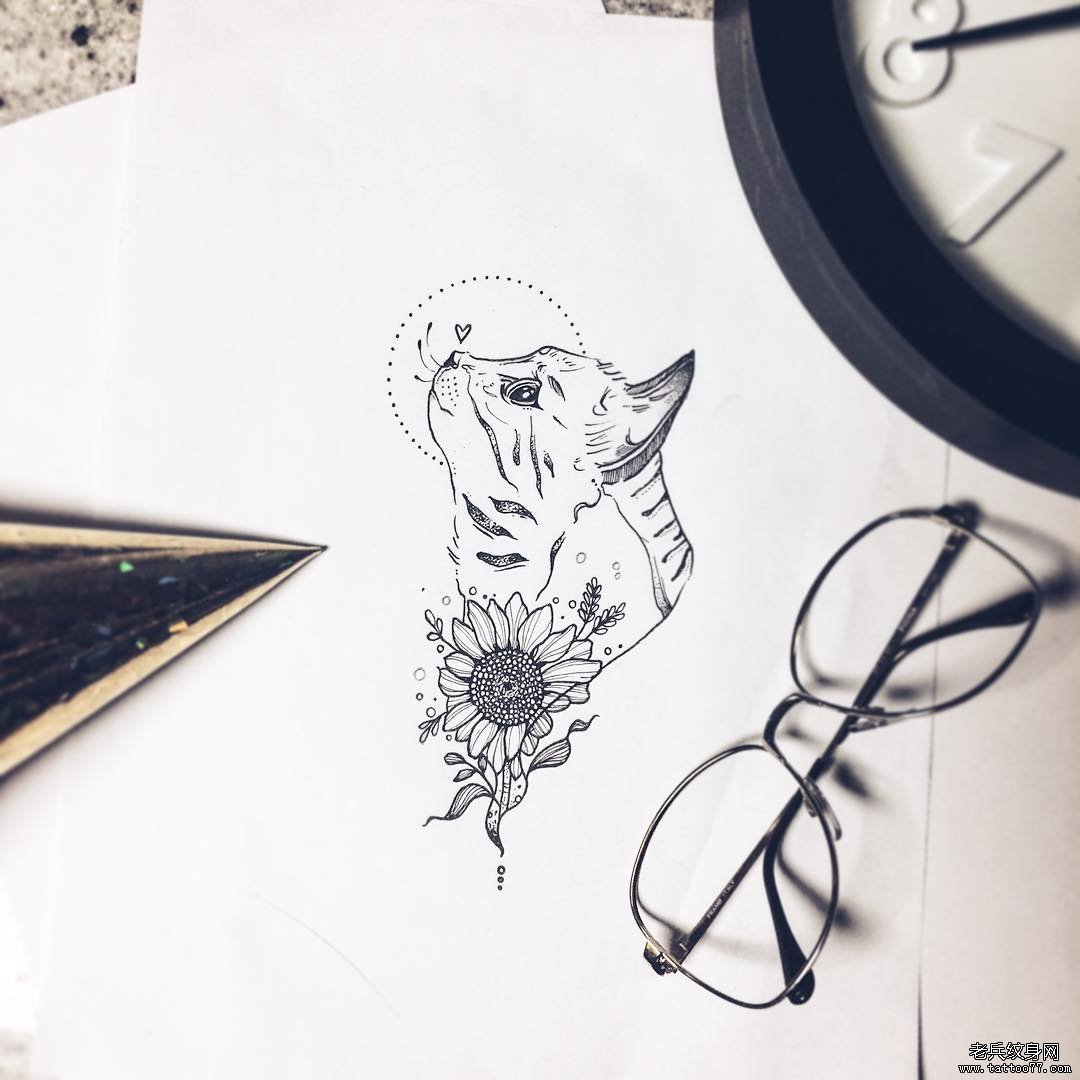 小清新猫太阳花纹身图案手稿