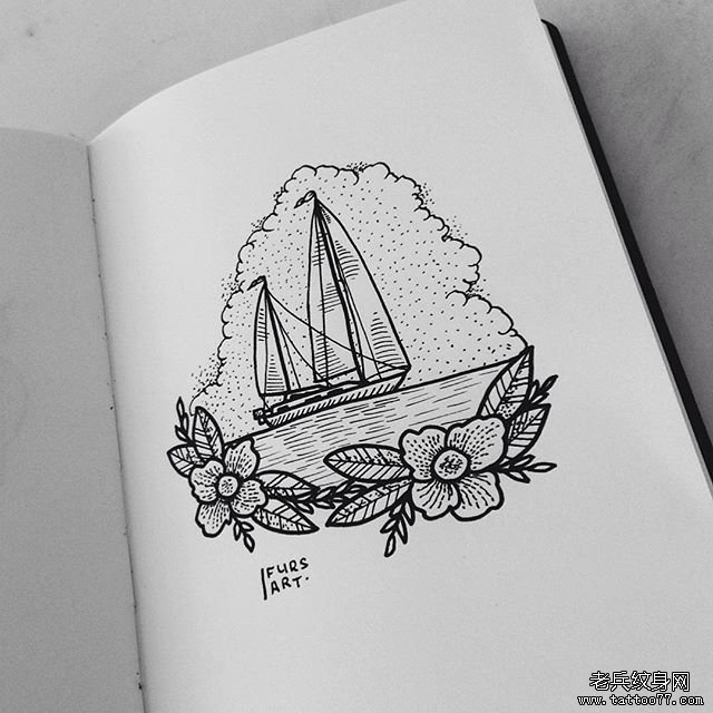 欧美点刺帆船风景纹身图案手稿